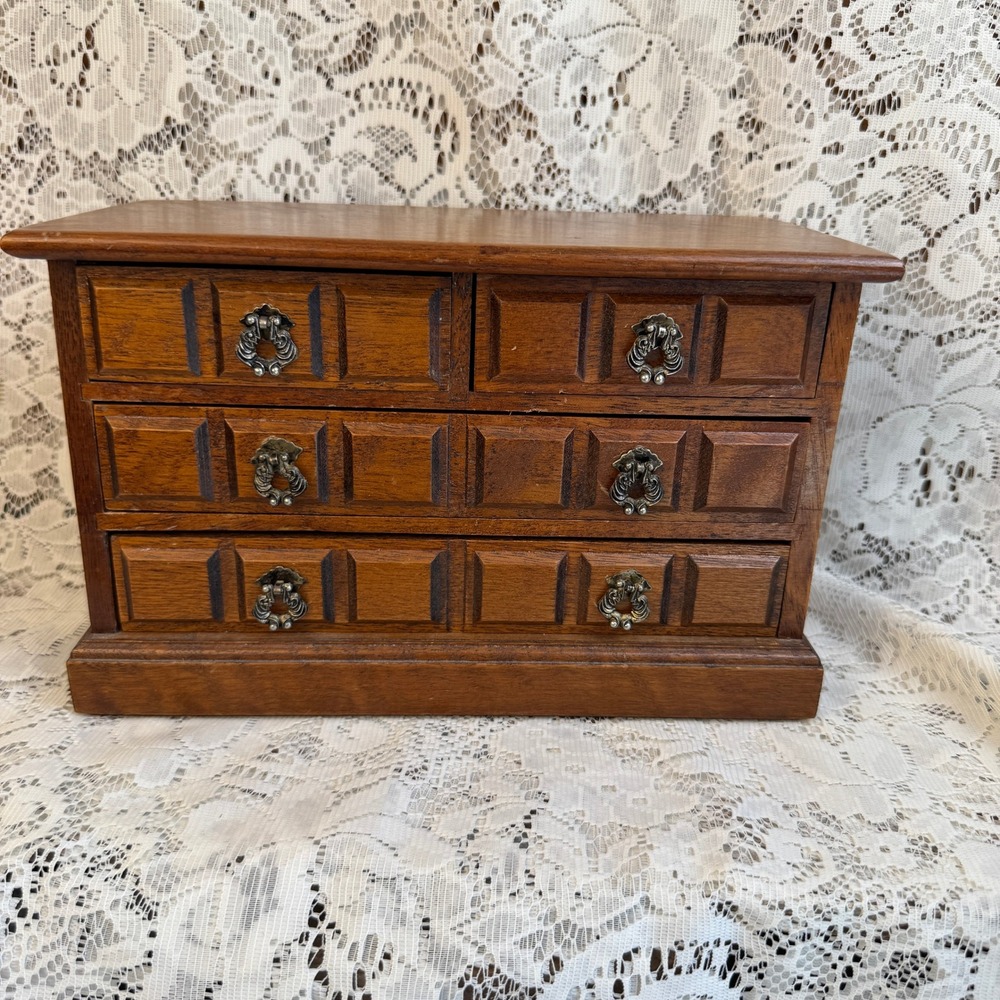 Vintage Wood Jewelry Music Box Miniature Dresser 4 Drawer Orange Lining Brown